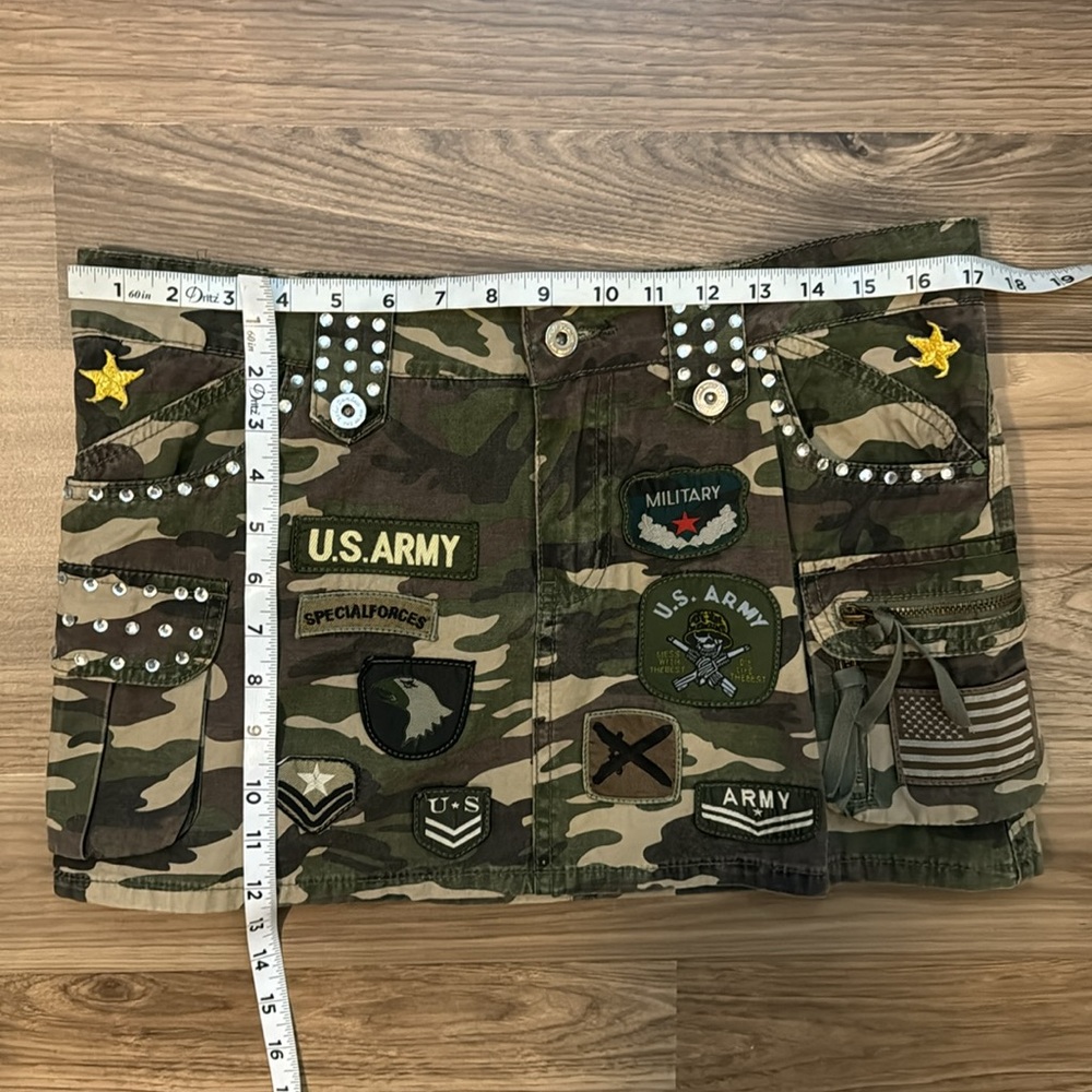 Tell Premium Surplus Camo Swarovski Crystal Patches 5 Pockets Zip Mini Skirt L - Picture 12 of 15